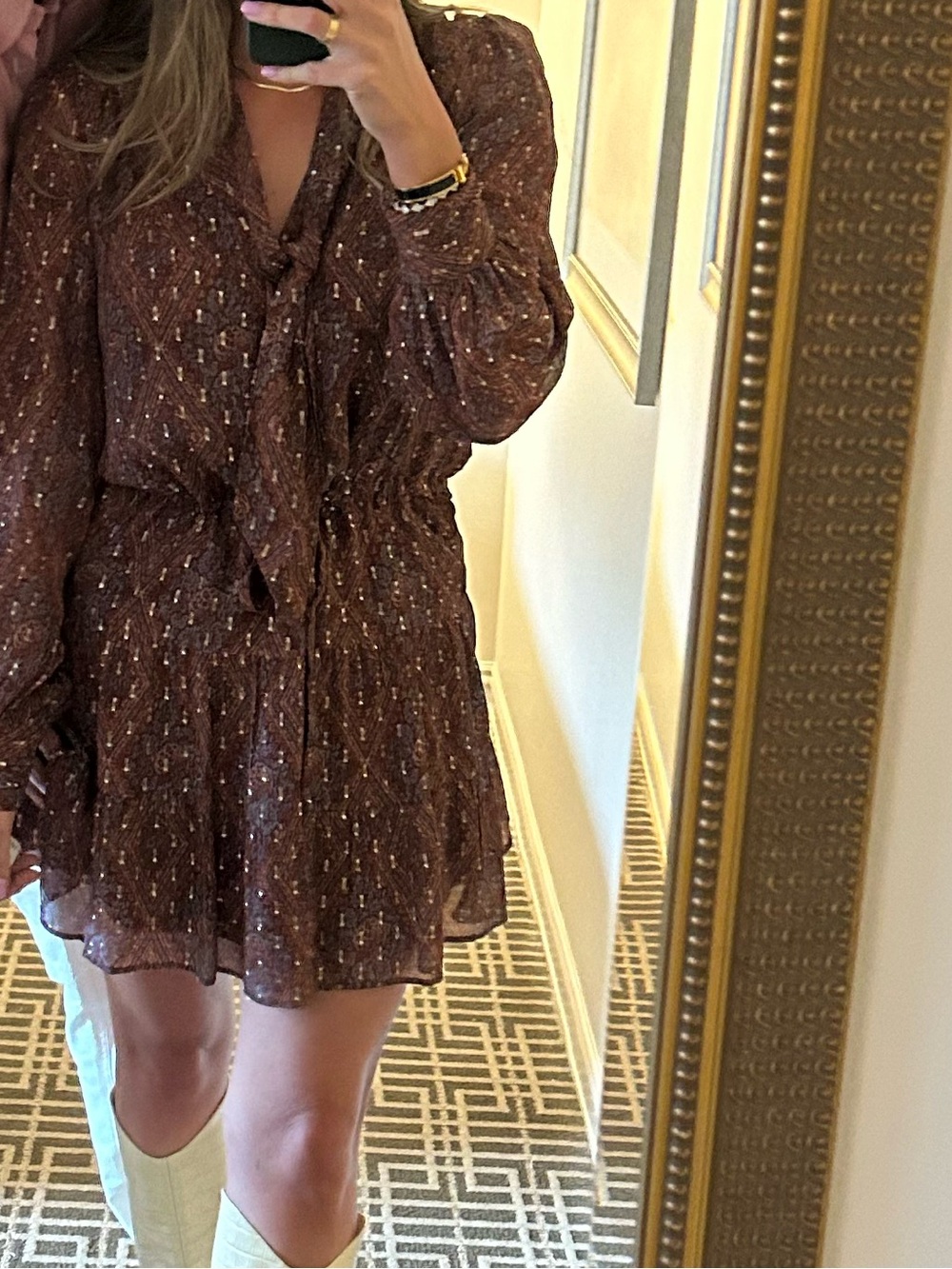 PAIGE burgundy Tie-Neck Long Sleeve Mini Dress